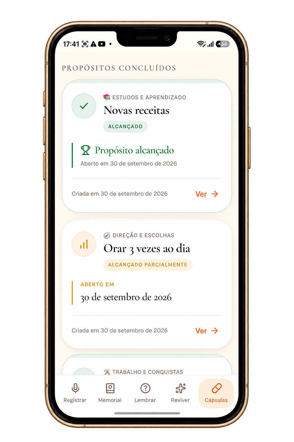 Prévia no celular da área de Cápsulas de Fé, com propósitos alcançados e parcialmente alcançados