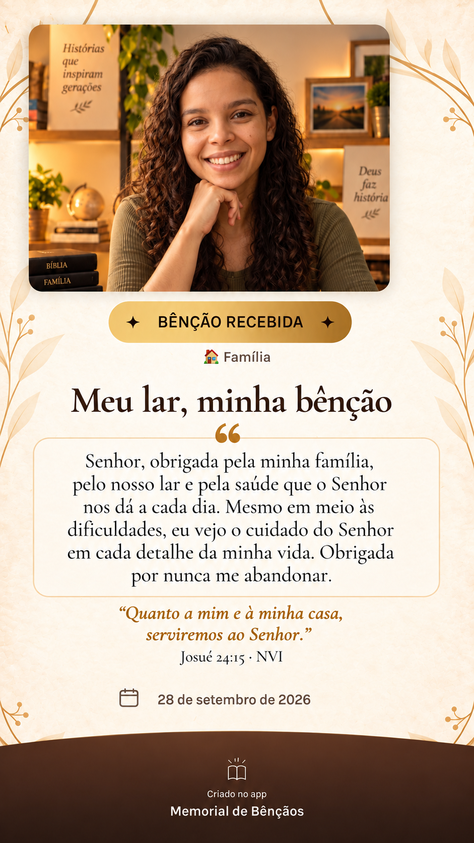 Cartão vertical de testemunho sobre um propósito alcançado, com uma bênção e um versículo bíblico